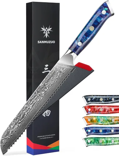 Vista 7 de Cuchillo de chef de cocina dentado de 8 pulgadas, mango de acero y resina de Damasco - Serie Xuan (negro estrellado)