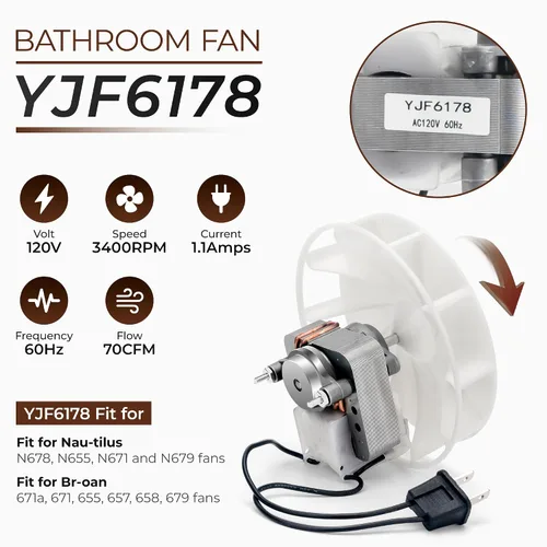 Vista 2 de Motor de ventilador de escape de baño de 70CFM mejorado para reemplazar 99080166 BP28 YJF6178 Motor de baño para Br-oan Nu-Tone Nau-tilus 678 671