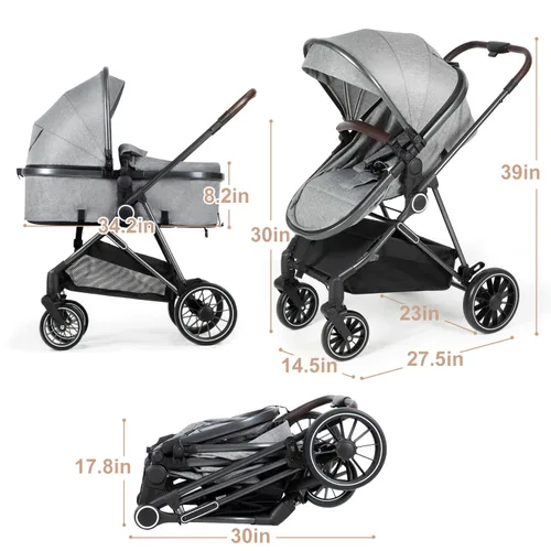 Vista 7 de Cochecito de bebé 2 en 1 con modo moisés – Cochecito plegable para recién nacidos con asiento reversible – para niños pequeños de 0 a 36 meses