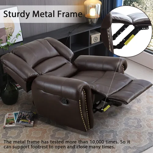 Vista 6 de INZOY Silla reclinable de cuero, sofá reclinable manual resistente, sofá individual para sala de estar, asientos de cine en casa, color marrón