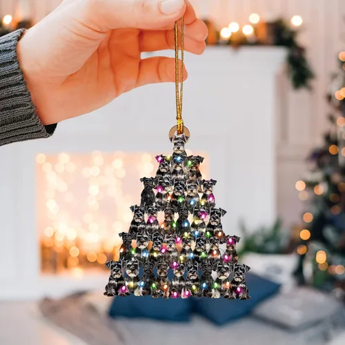 Vista 3 de Talataca Adorno Navideño Plano 2D de Schnauzer Miniatura, Adorno de Árbol de Navidad en Forma de Pino con Luz de Cadena, Adorno de Árbol de Pino