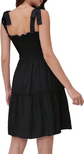 Vista 4 de Vestido de verano para mujer, con tirantes delgados, sin tirantes, con volantes, parte superior de tubo para playa