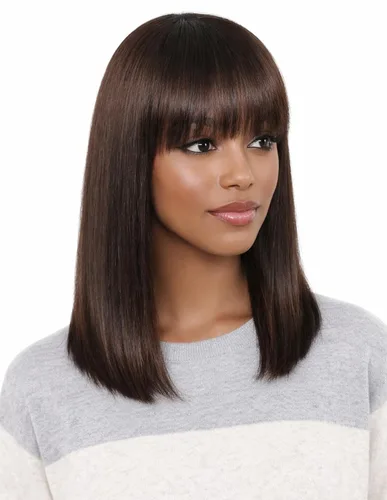 Vista 24 de Peluca de cabello humano lacio rubio 613 de 15 pulgadas con flequillo, sin pegamento, sin encaje frontal, Yaki Bob para mujer
