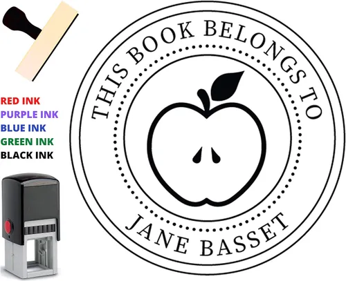 Vista 2 de ¡Elige tu diseño! Sello de nombre de libro de biblioteca personalizado. Pertenece a un mango de madera personalizado para profesores o maestros