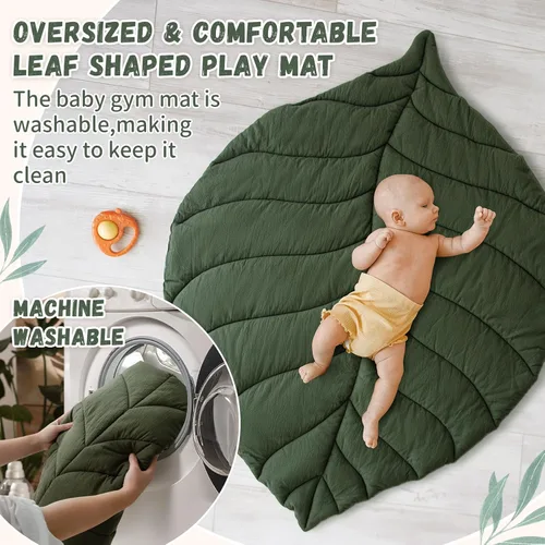 Vista 3 de Gimnasio de juegos para bebés con tapete en forma de hoja, tapete de juego para bebé con 5 juguetes colgantes, tapete para el tiempo boca abajo