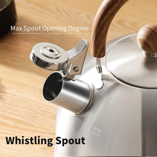 Vista 7 de Hervidor de té de acero inoxidable 18/8 para estufa (2L / 2.1 cuartos, tetera silbante, mango de madera) - Plateado