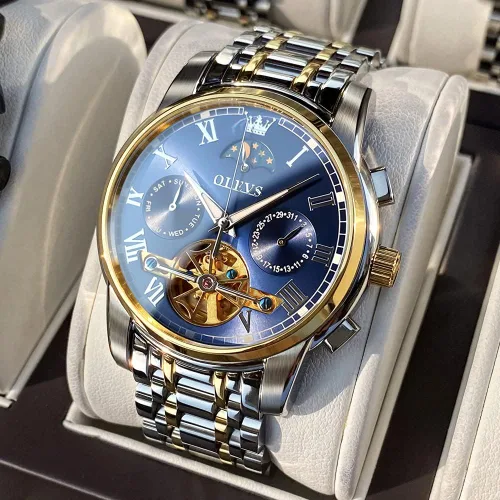 Vista 3 de OLEVS Reloj mecánico automático para hombre, vestido de lujo, impermeable, cuerda automática, cronógrafo de fase lunar, acero inoxidable, fecha