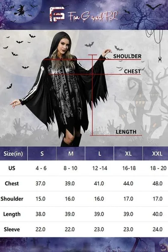 Vista 6 de For G and PL Disfraz de poncho de esqueleto de Halloween para mujer, vestido con capucha y capa de tul