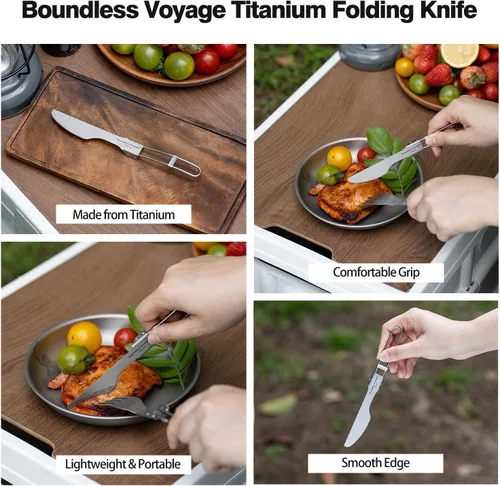 Vista 7 de iBasingo Cuchillo de tenedor de titanio con mango plegable, utensilios de vajilla ultraligeros para camping, picnic al aire libre, senderismo