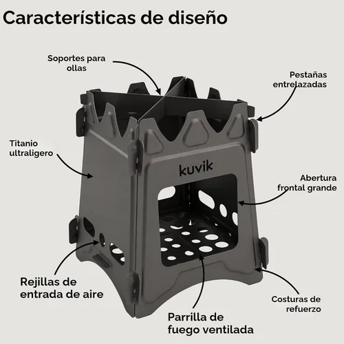 Vista 3 de Estufa de leña de titanio Kuvik - Estufa ultraligera y compacta para mochileros, camping y supervivencia