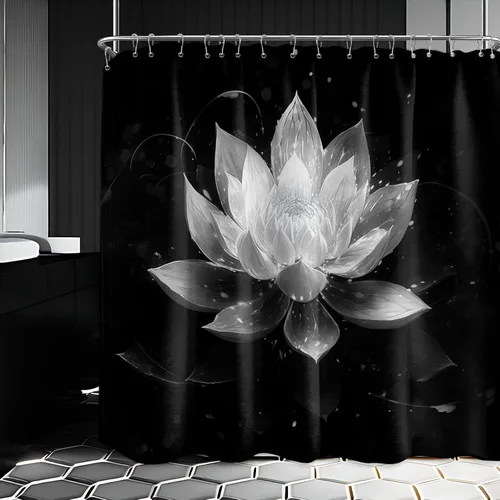 Vista 64 de Cortina de ducha con flores de loto negro y azul para decoración de baño, juego de cortinas decorativas de baño con estampado floral, tela