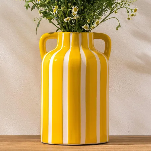 Vista 10 de Jarrón de cerámica azul y blanco con rayas a cuadros con asas, jarrones azul marino florales bohemios modernos para centros de mesa, decoración