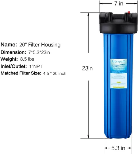 Vista 2 de Geekpure Sistema de filtro de agua de una sola etapa para toda la casa con carcasa azul de 20 pulgadas-puerto de 1 "con 4 piezas de filtro de cuerda