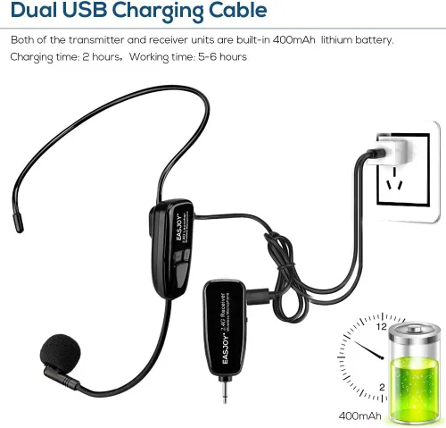 Vista 4 de Auriculares de micrófono inalámbricos, auriculares de micrófono inalámbrico de 2.4G y micrófonos de mano 2 en 1, alcance de 160 pies