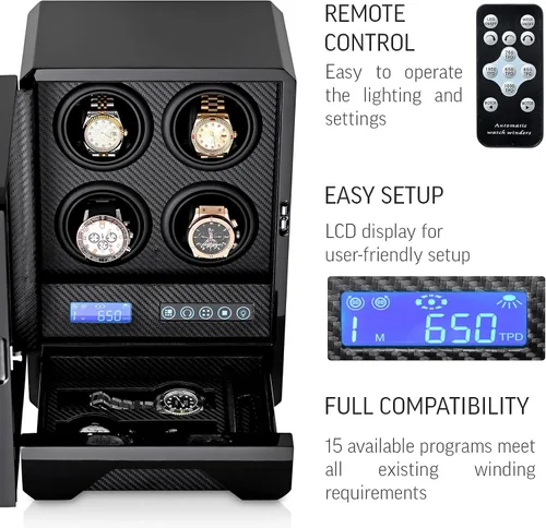 Vista 5 de 4 bobinas automáticas para relojes con cajón de almacenamiento retroiluminación LED y mando a distancia
