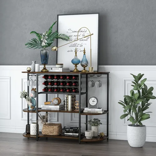 Vista 5 de LOKO Mesa de estante para vinos, gabinete industrial de bar de vino de 47 pulgadas con estante para vino y soportes para vidrio, gabinete