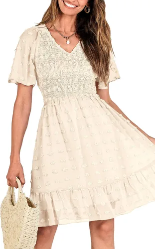 Vista 5 de BTFBM - Vestido de vacaciones en la playa para mujer, cuello en V, manga corta, fruncido, plumetí, casual, con volantes,vestidos cortos