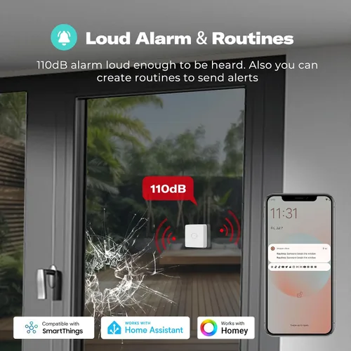 Vista 4 de THIRDREALITY Sensor de vibración inteligente con alarma de 110 dB, requiere concentrador Zigbee, sensibilidad ajustable, funciona con SmartThings
