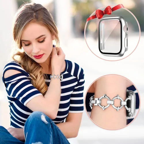 Vista 6 de Correa en forma de anillo compatible con Apple Watch Band de 1.732 pulgadas con protector de pantalla para iWatch Series 6 SE 5 4, correas de metal