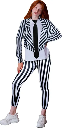 Vista 7 de El kit de rayas verticales blancas y negras para mujer incluye un pantalón largo tipo blazer con lazo, Blanco y Negro