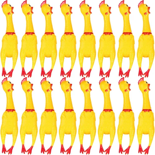 Vista 9 de Sratte Paquete de 16 juguetes de pollo chirriantes a granel, juguetes grandes de goma de pollo chirriante para mascotas, regalos para masticar