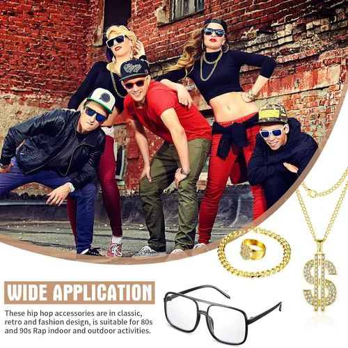 Vista 7 de Lemosae 4 piezas de disfraz de hip hop, collar con colgante de signo de dólar, anillo de cadena dorada con gafas, accesorios de rapero de los años