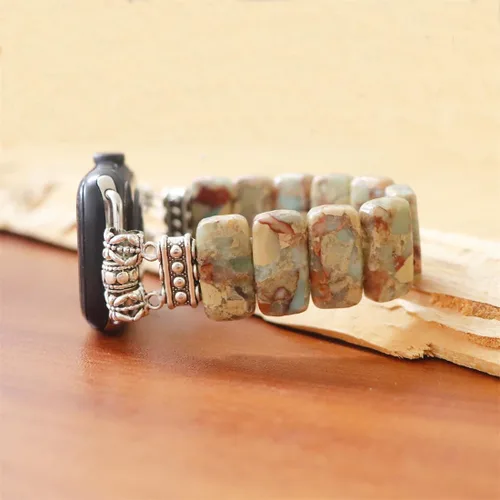 Vista 5 de Natural Stone Imperial Jasper Bracelet Beaded-Bands Compatibe with iWatch Series11 10 9 8 7 6 5 4 3 2 1, Handmade Elastic Stretch Beaded Strap For