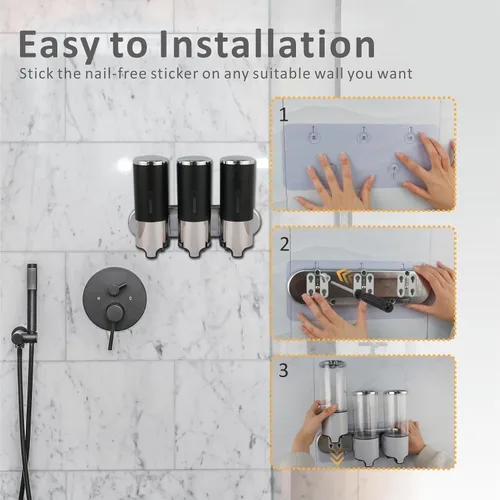 Vista 5 de Dispensador de jabón negro montado en la pared para ducha, dispensadores de champú WELLUP sin perforar, dispensador de jabón de ducha de baño