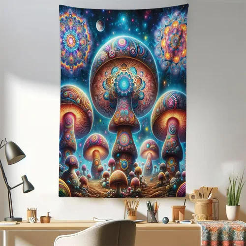 Vista 124 de Ambesonne Tapiz de hongos, atmósfera psicodélica, escena astral estrellada con motivos orientales trippy, decoración de tela para colgar en la pared