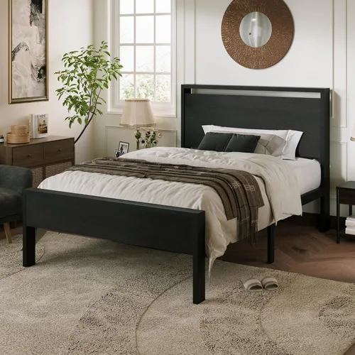 Vista 3 de Base de cama Allewie de tamaño individual con cabecero y pie de cama de madera, soporte de listones de metal resistentes, no requiere somier