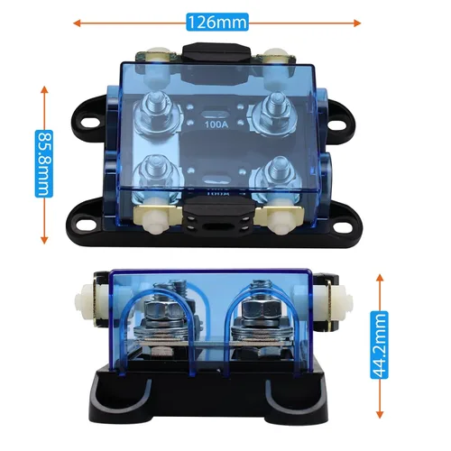 Vista 3 de Portafusibles MEGA/AMG de 2 vías con paquete de 4 fusibles atornillados 100A para reparación de automóviles, posicionamiento