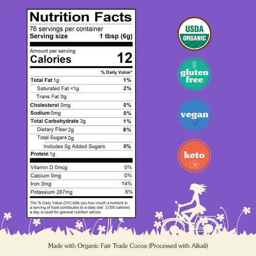 Vista 2 de NuNaturals Cacao en polvo orgánico de comercio justo sin azúcar, proceso holandés premium para beber y hornear, 1 libra