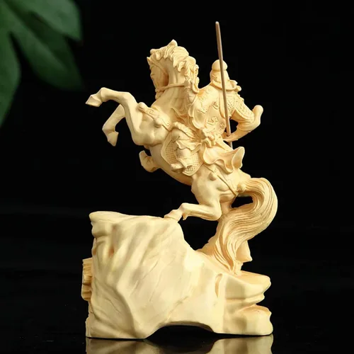 Vista 4 de Estatua de Guan Gong de madera tallada a mano, escultura de Feng Shui Dios de la riqueza Guan Yu para decoración del hogar y la oficina