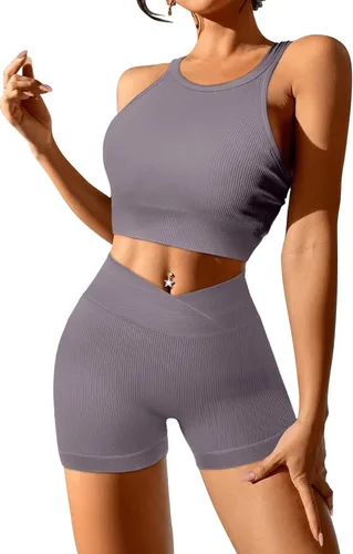 Vista 2 de JZC Conjuntos de entrenamiento para mujer, 2 piezas, acanalados, sin costuras, pantalones cortos de cintura alta, trajes de yoga