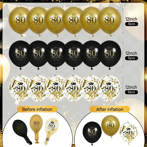 Vista 5 de Globos de decoración de cumpleaños n.° 80 y negro dorado para hombres y mujeres, pancarta de feliz cumpleaños n.° 80 para fiesta de cumpleaños n.°
