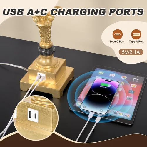 Vista 4 de Juego de 2 lámparas de mesa para sala de estar, lámparas táctiles regulables de 3 vías con puertos USB A+C, acabado en hoja de oro, lámparas