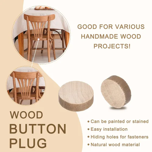 Vista 4 de uxcell 60 tapones de madera de cabeza plana, tapón de tornillo de botón de madera de 3/8 pulgadas, tapones de madera para agujeros de tornillo