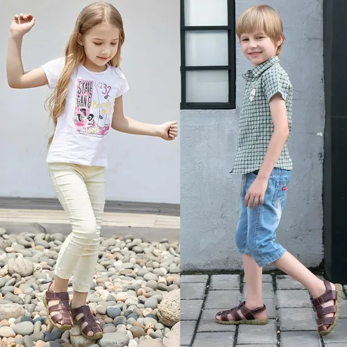 Vista 6 de DADAWEN - Sandalias deportivas de cuero para niños y niñas, puntera cerrada, para exteriores (para bebés, niños pequeños y grandes)