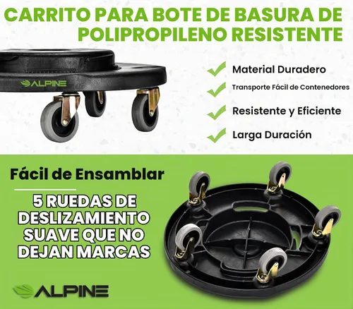 Vista 7 de Alpine Rolling Brute Carrito para Bote de Basura - Carrito para Bote de Basura con Ruedas/Base Rodante para Bote de Basura para Botes de Basura