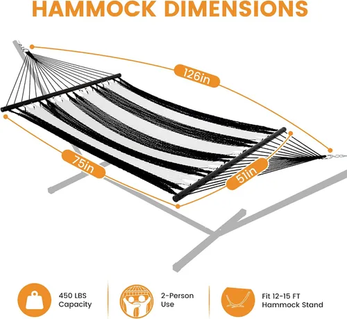 Vista 6 de Lazy Daze Hammocks Hamaca doble de cuerda caribeña de 10.5 pies para 2 personas, hamaca de poliéster tejida a mano con barras separadoras