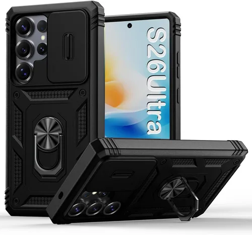 Vista 250 de PASNEW Funda militar para iPhone 13 Pro Max, cubierta de cámara deslizante y soporte de anillo de metal de 360°, carcasa rígida multicapa resistente