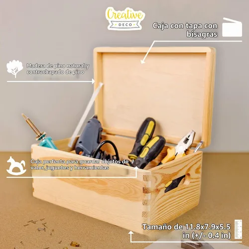 Vista 4 de Creative Deco Caja de almacenamiento grande de madera con tapa con bisagras 11.8 x 7.87 x 5.51 pulgadas (+-0.5) Caja de regalo sin acabar, lisa
