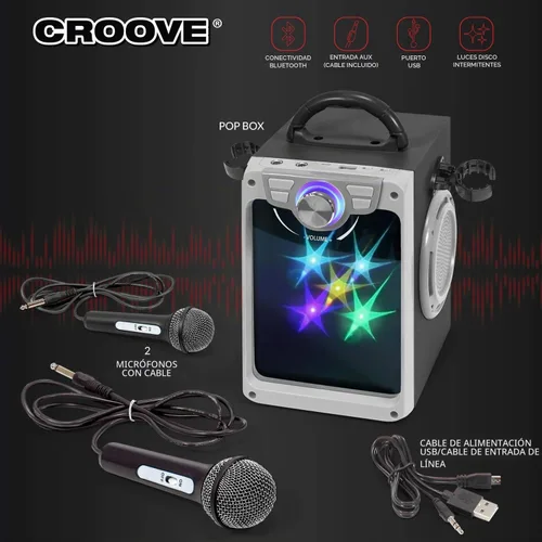 Vista 4 de Croove - Máquina de karaoke recargable para niños, 2 micrófonos, Bluetooth, luces