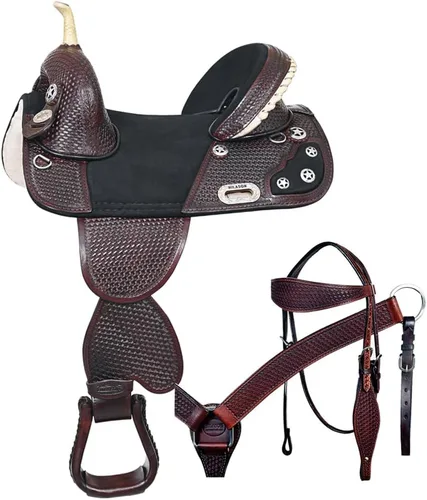 Vista 9 de HILASON Treeless Western Saddle Hand-Tooled Leather Trail Barrel Pleasure Riding with Bridle