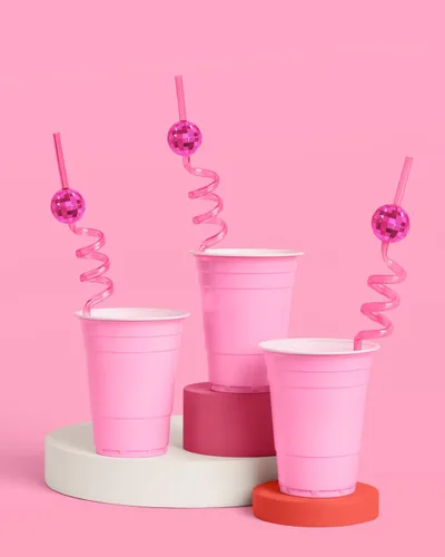 Vista 3 de xo, Fetti Juego de pajitas espirales de bola de discoteca rosa, 16 piezas, decoraciones de fiesta de cumpleaños de eras, regalo de fiesta de club