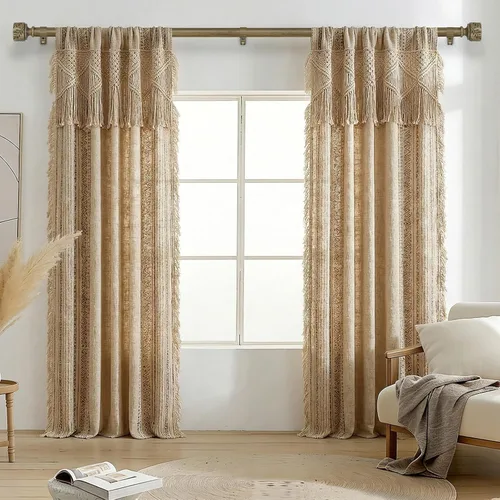 Vista 2 de Barras de cortina de madera boho para ventanas de 32 a 45 pulgadas, barra de cortina ajustable de 1 pulgada con remates de hojas de grano de madera