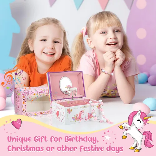 Vista 4 de Taduoduo Joyero musical para niñas, organizador con juego de joyas, diseño de flores y unicornio, caja de música, regalo ideal para niñas