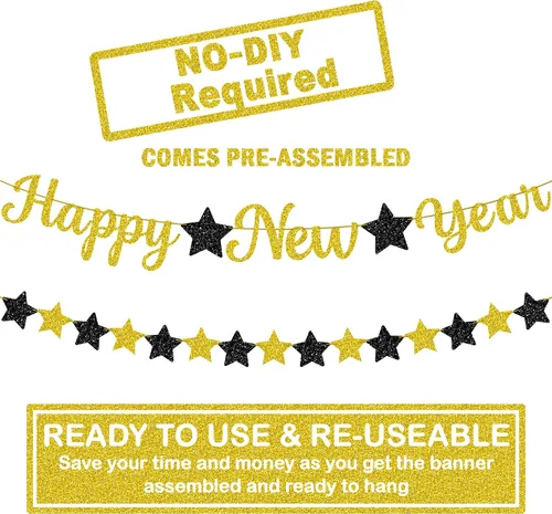 Vista 4 de KatchOn, Cartel de Feliz Año Nuevo pre-encordado – 10 pies, NO DIY, decoraciones doradas de la víspera de feliz Cartel de decoración de fiesta