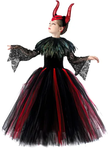 Vista 3 de L'VOW Vestido de princesa con encaje y tutú de tul para Halloween con cuernos de maléfica, capa de plumas