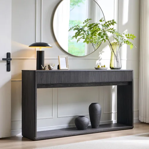 Vista 10 de OKD Mesa consola acanalada de 63" para entrada, mesa de entrada moderna con 2 cajones grandes, mesa de sofá larga detrás del sofá para sala de Roble